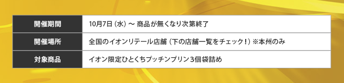 開催期間:10月7日(水)~ 商品が無くなり次第終了、開催場所:全国のイオンリテール店舗(下の店舗一覧をチェック!)※本州のみ、対象商品:イオン限定ひとくちプッチンプリン3個袋詰