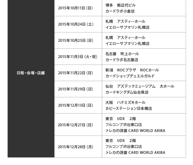 2015/10/11 BF 博多 南近代ビル カードラボ小倉店2015/10/24 BF 札幌 アスティ―ホール イエローサブマリン札幌店2015/10/25 2015/11/3 BF 名古屋 吹上ホール カードラボ名古屋店2015/11/22 BF 新潟 NOCプラザ NOCホール カードショップデュエルガルド2015/11/29 BF 仙台 アズテックミュージアム 大ホール カードキングダム仙台泉店2015/12/13 BF 大阪 ハナミズキホール ホビーステーション日本橋店2015/12/27 BF 東京 UDX 2階 フルコンプ2015/12/28 BF トレカの洞窟 CARD WORLD AKIBA